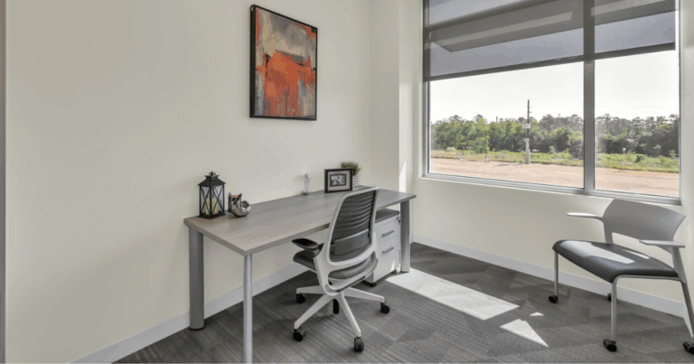 Private office at Strive Coworking Workspaces with a furnished desk, guest chair, and natural light from a large window.