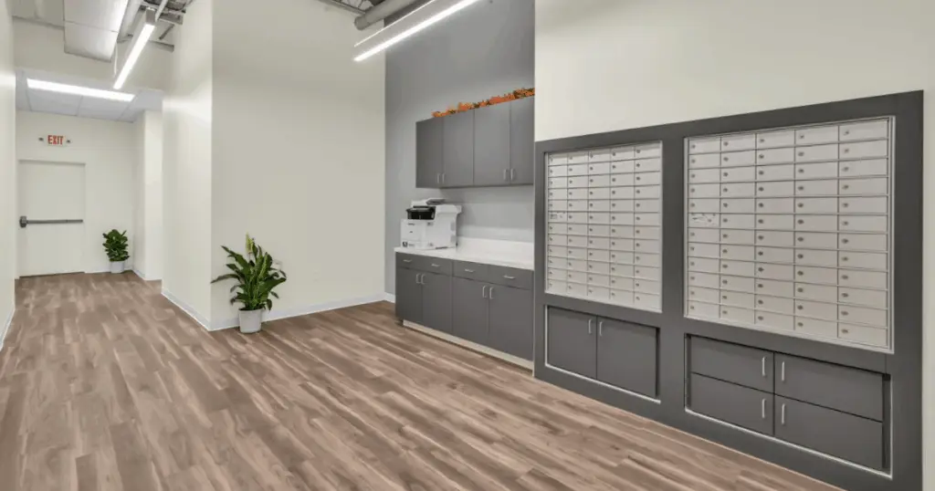 Member mailboxes and printing area at Strive Coworking Workspaces in Cypress, Texas