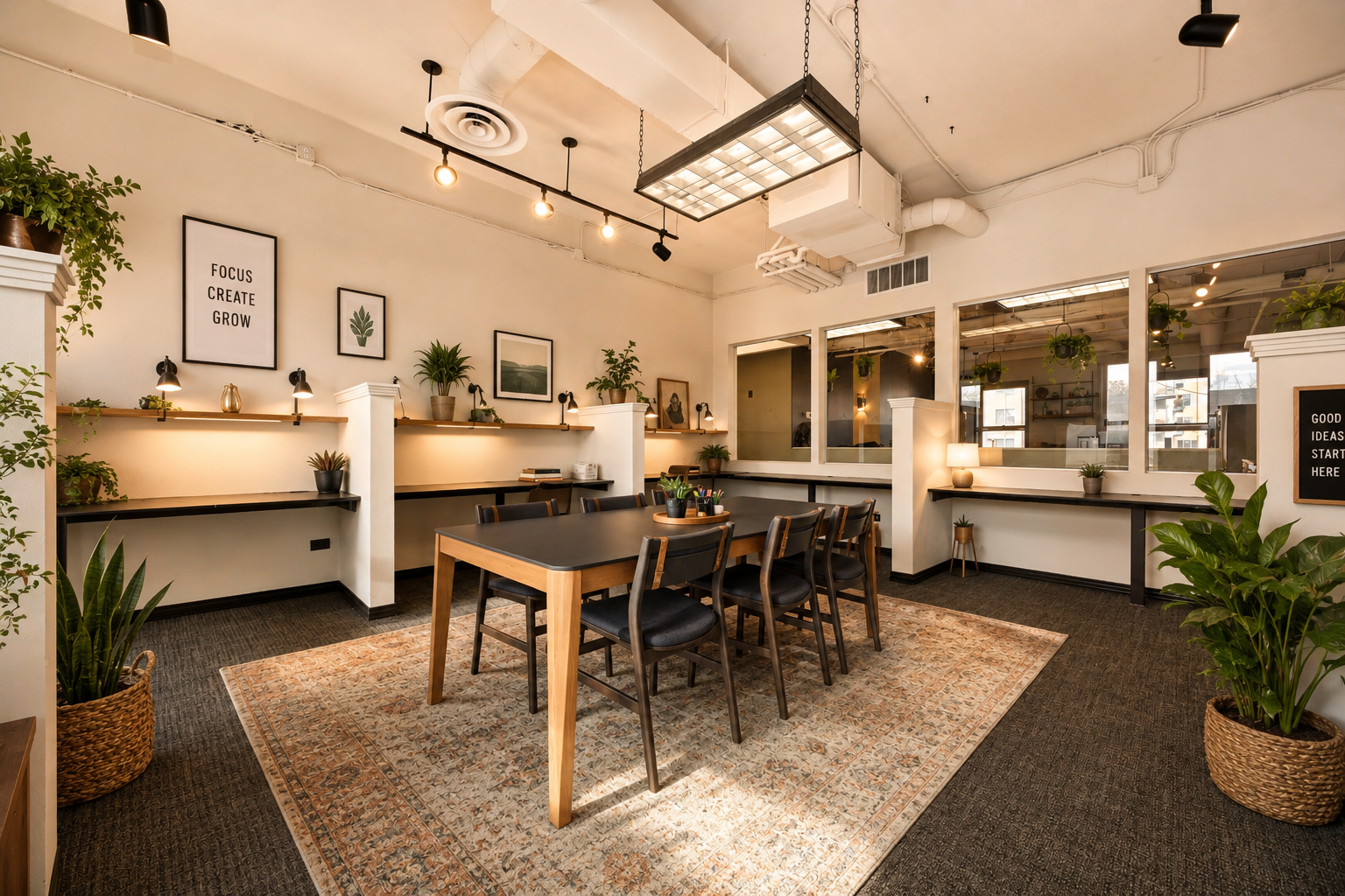 The image depicts a modern coworking lounge in downtown Denver with bright windows allowing natural light to fill the space. It features lush plants, comfortable chairs, and desks, creating an inviting atmosphere for remote workers and entrepreneurs to collaborate and work.