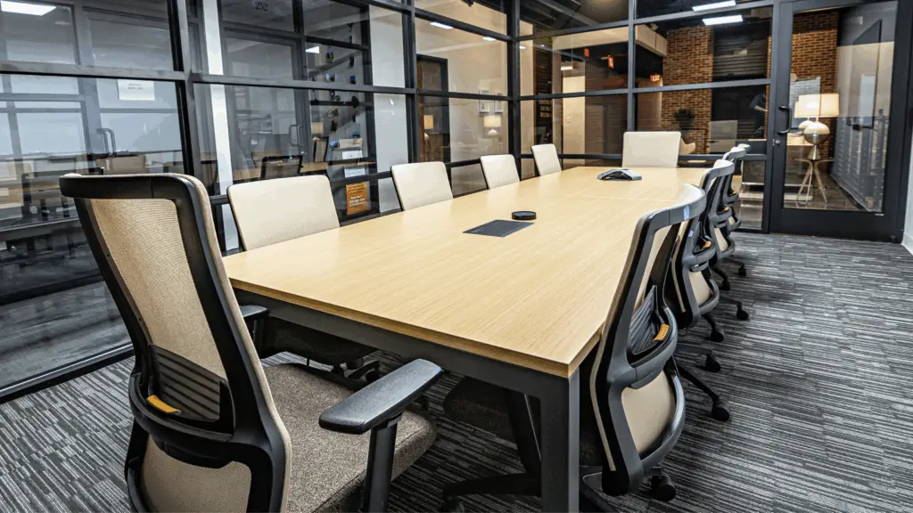 Conference room at Flex at The Gild in Dallas, Texas, featuring a long meeting table, ergonomic chairs, and glass walls.
