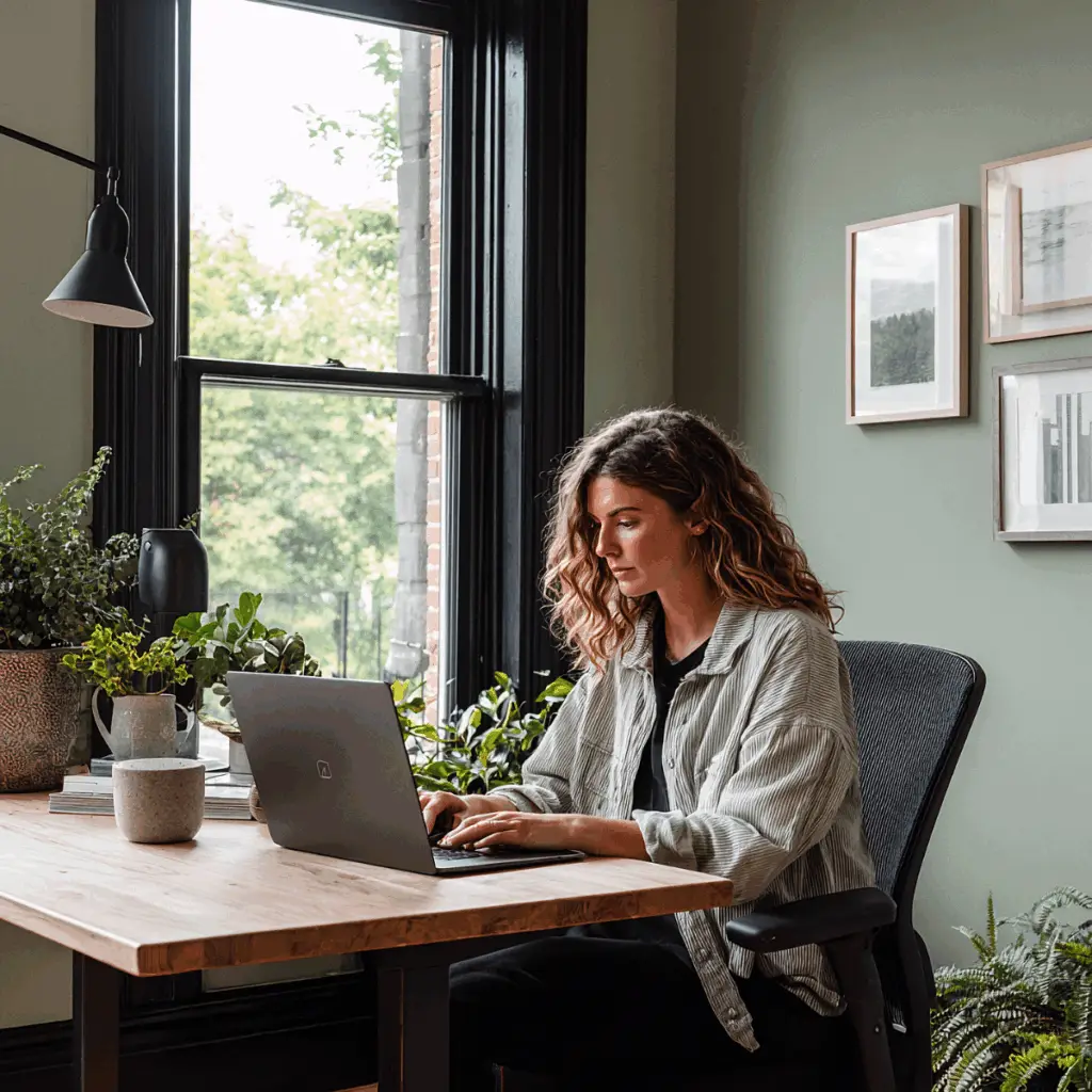 Woman working on a laptop at a desk in a private office with natural light and plants at Strive Coworking Workspaces